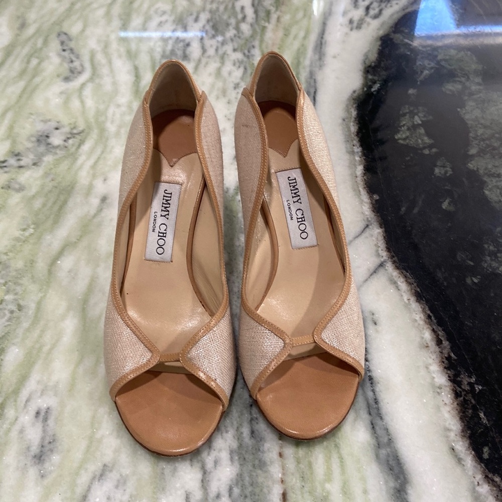 Tan canvas and leather Jimmy Choo heels